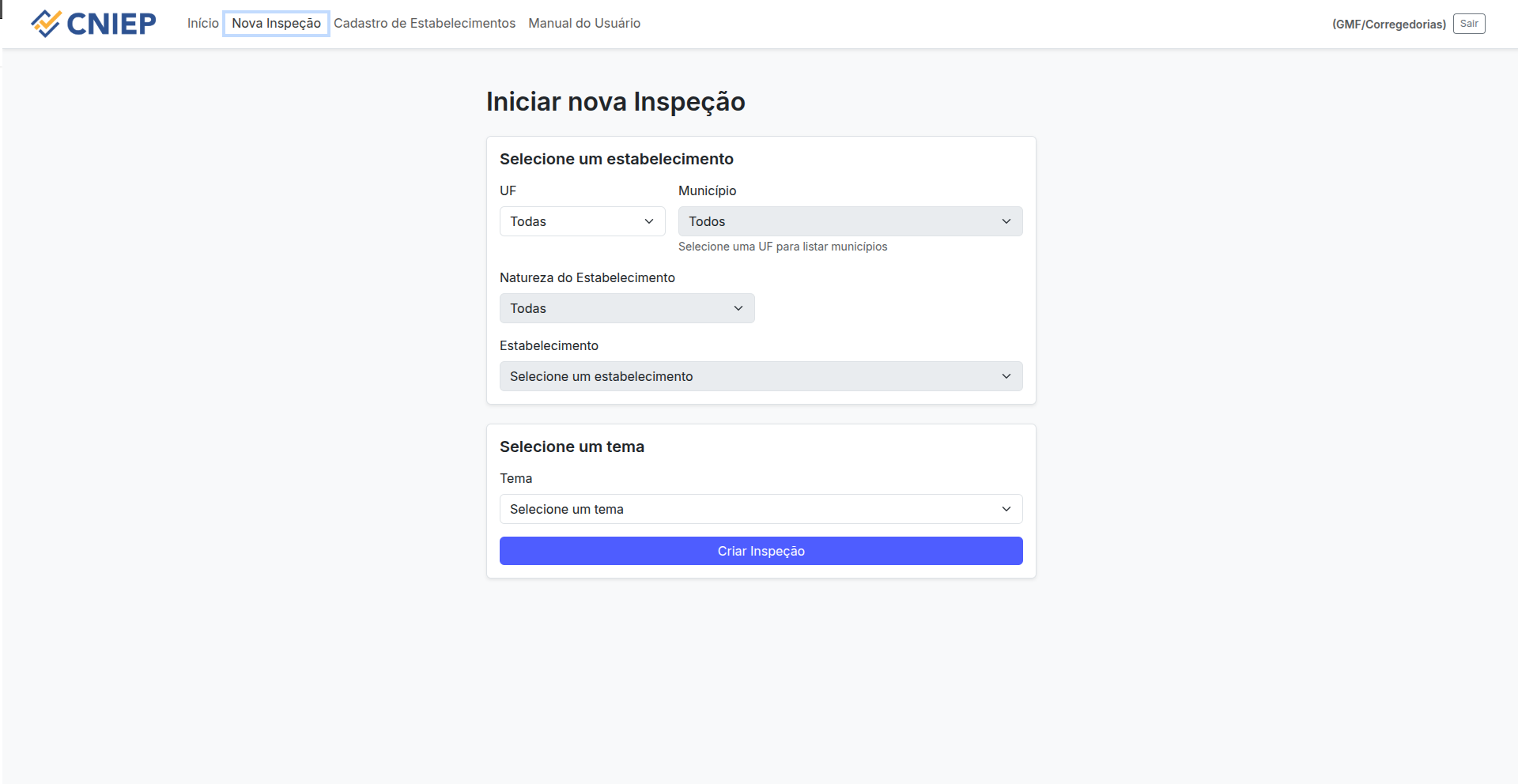 Tela de criação de nova inspeção