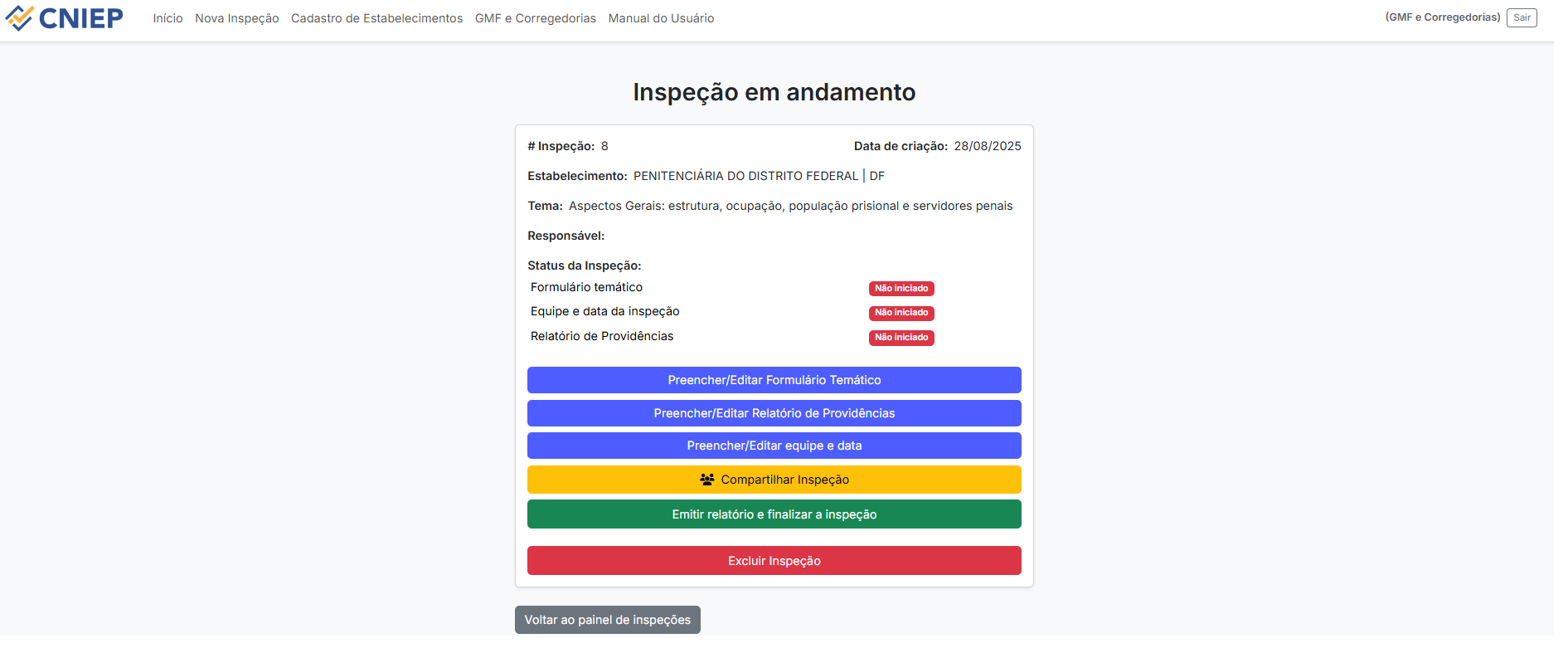 Tela de criação de nova inspeção