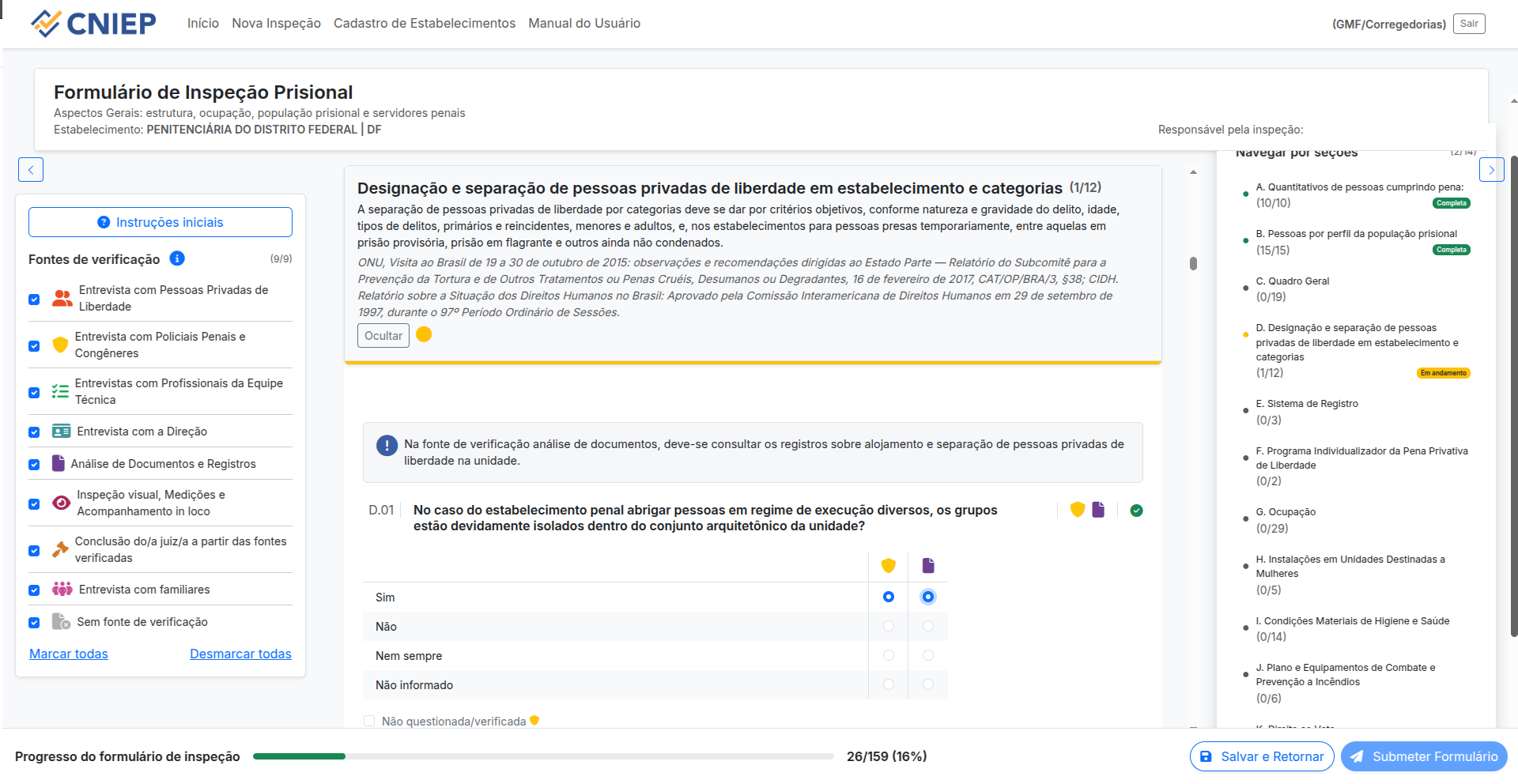Painel lateral com status das seções