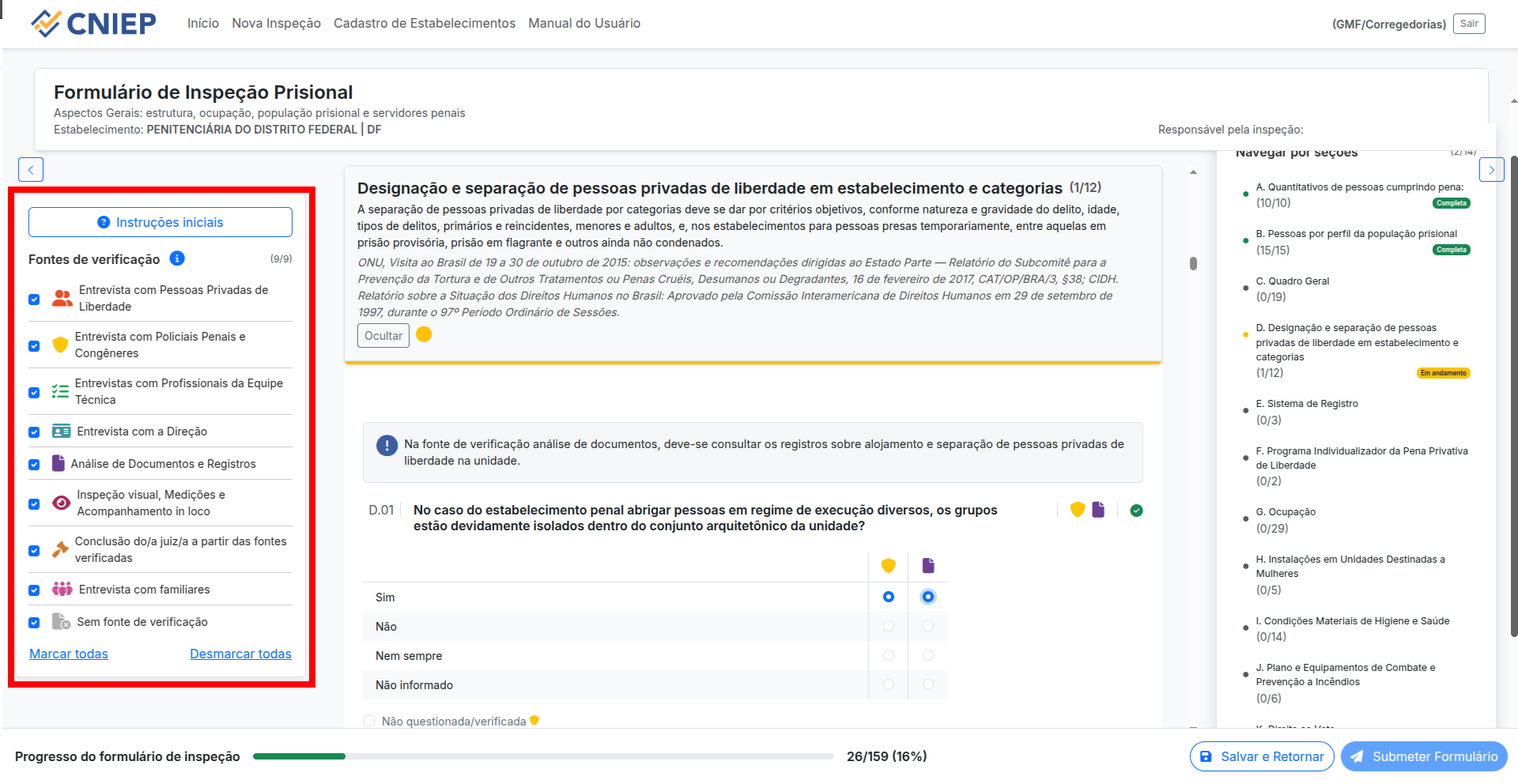 Painel lateral com status das seções