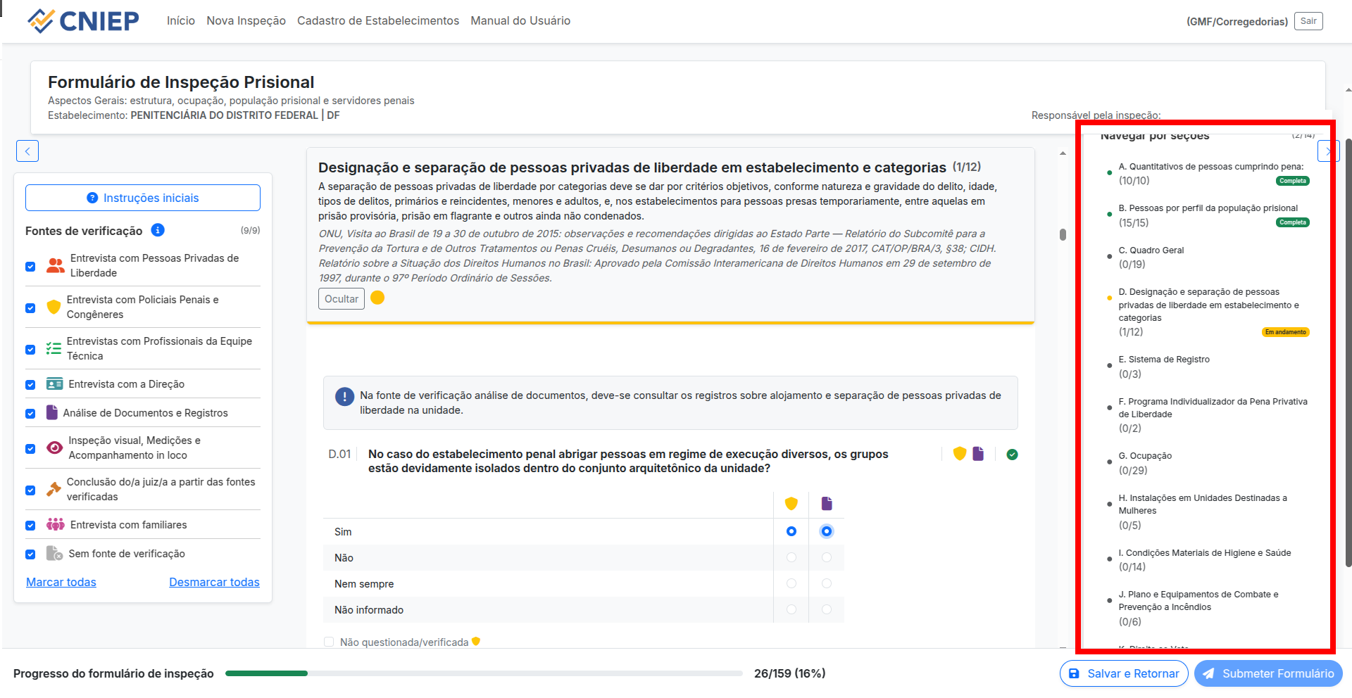 Painel lateral com status das seções