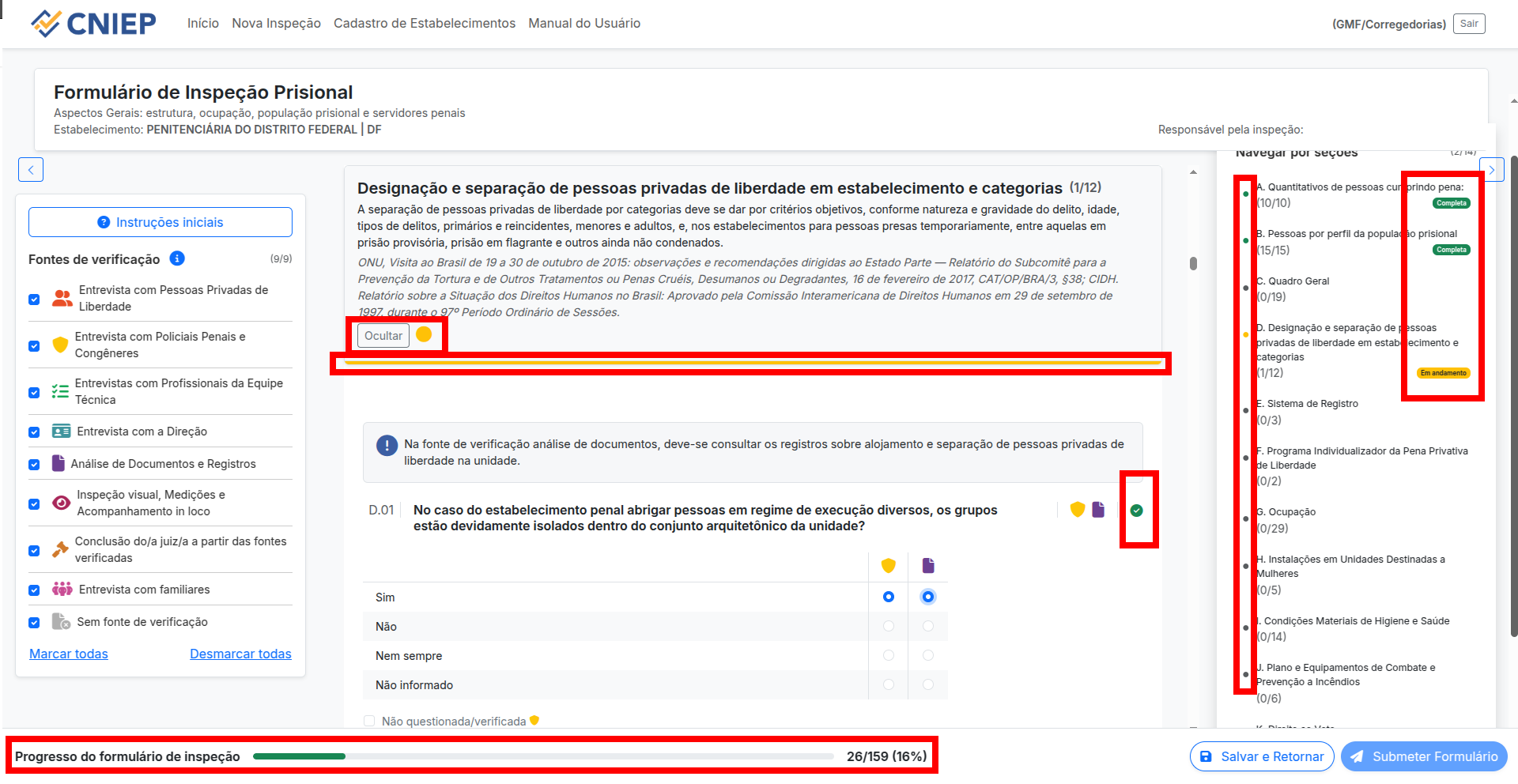 Painel lateral com status das seções