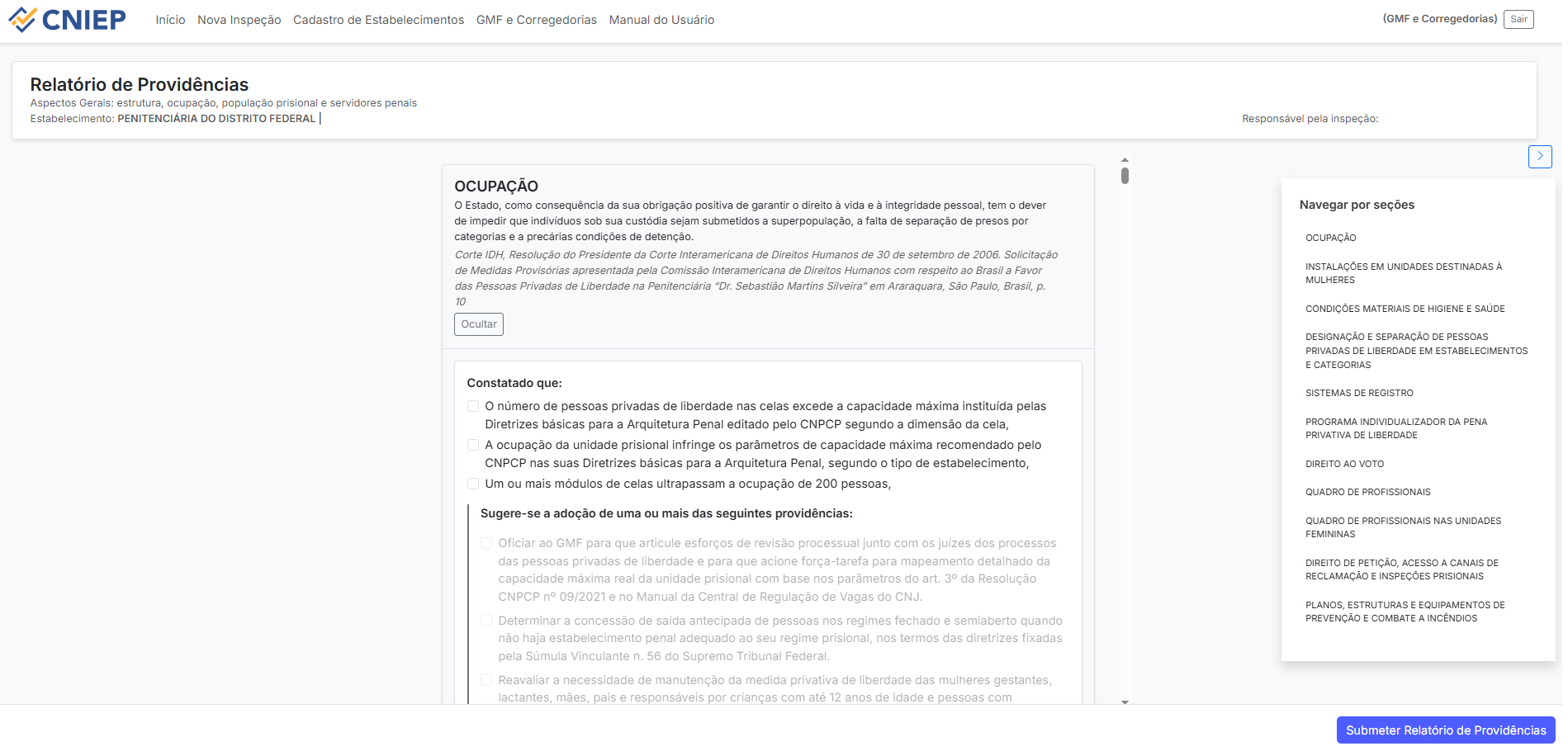 Tela de equipe e período da inspeção