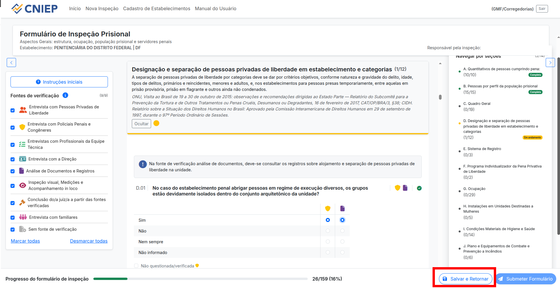 Painel lateral com status das seções