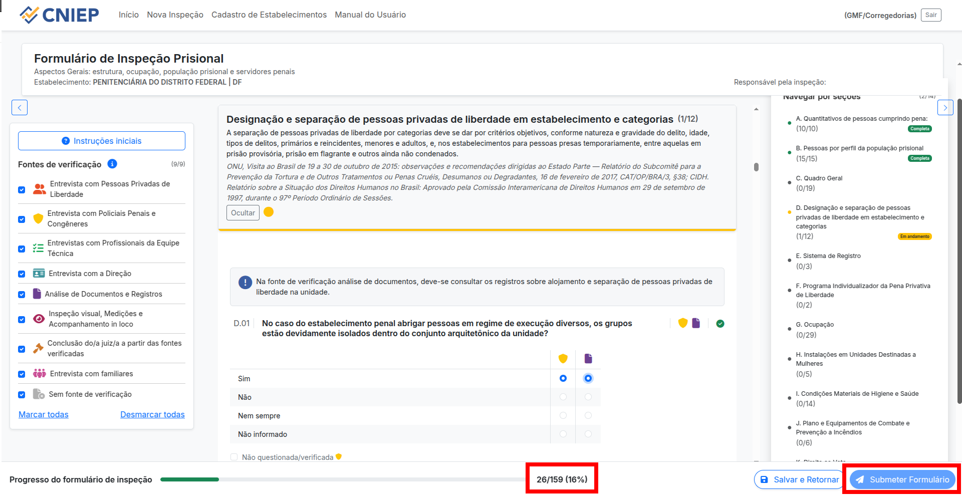 Painel lateral com status das seções