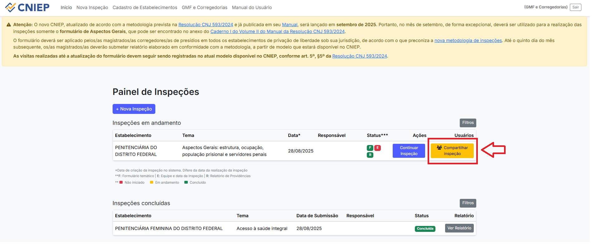 Painel lateral com status das seções