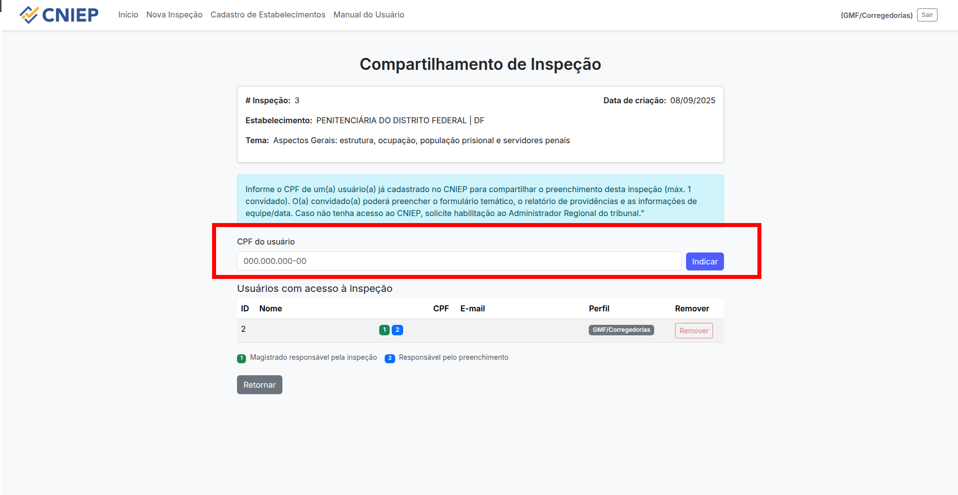 Painel lateral com status das seções