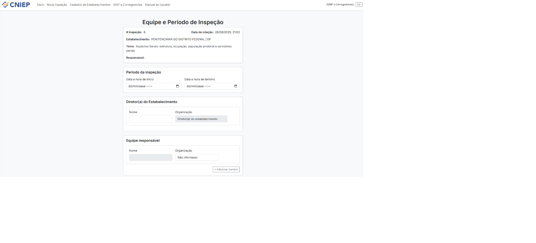 Tela de equipe e período da inspeção