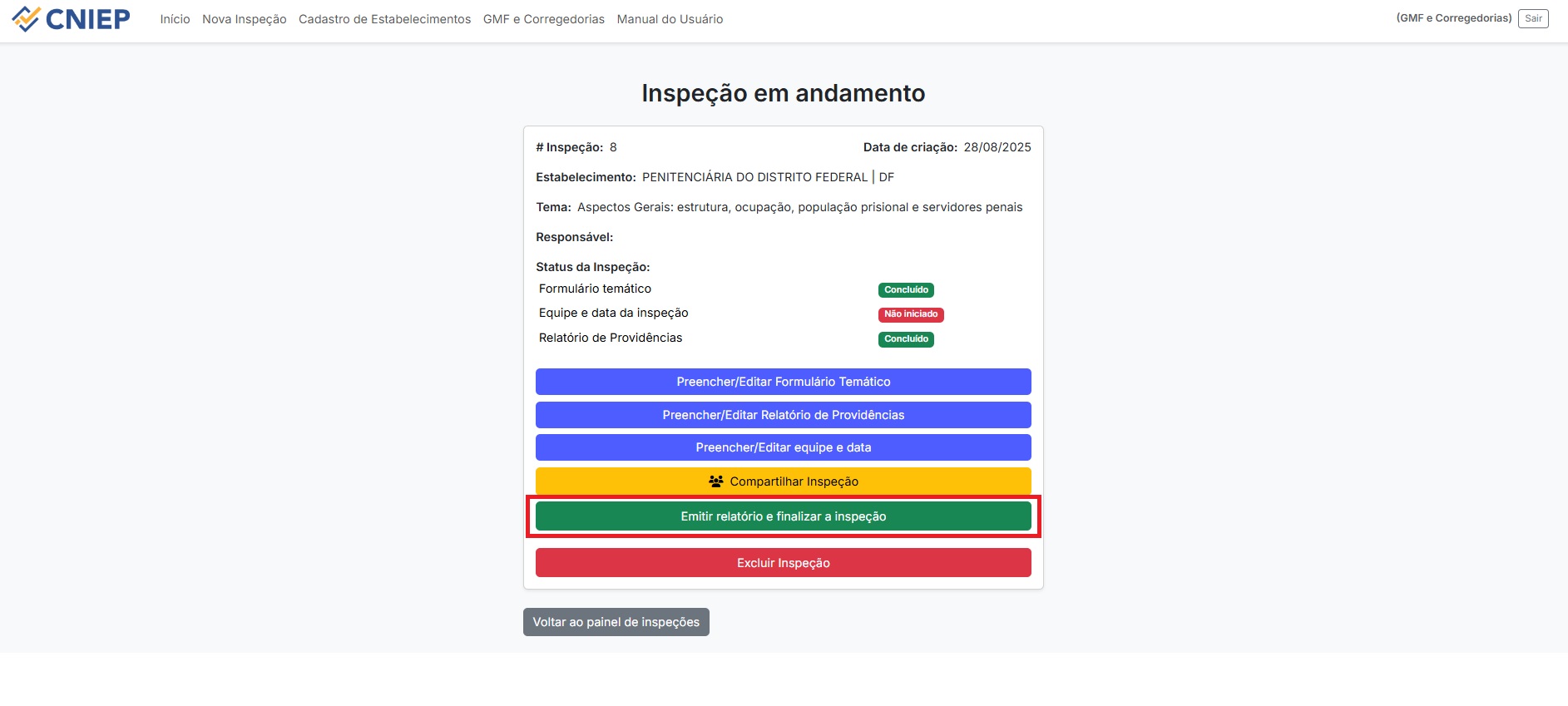 Painel lateral com status das seções
