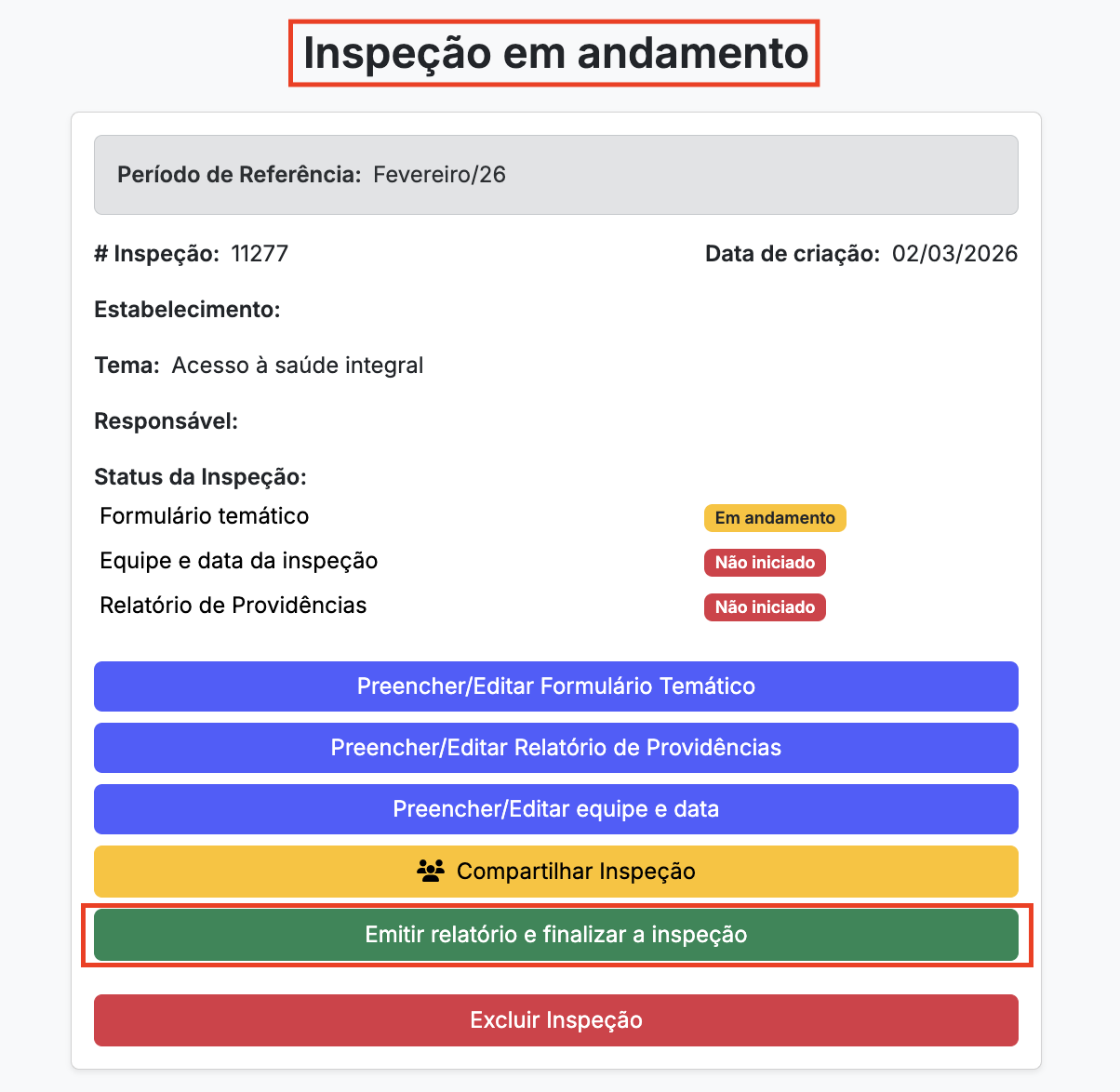 Painel lateral com status das seções
