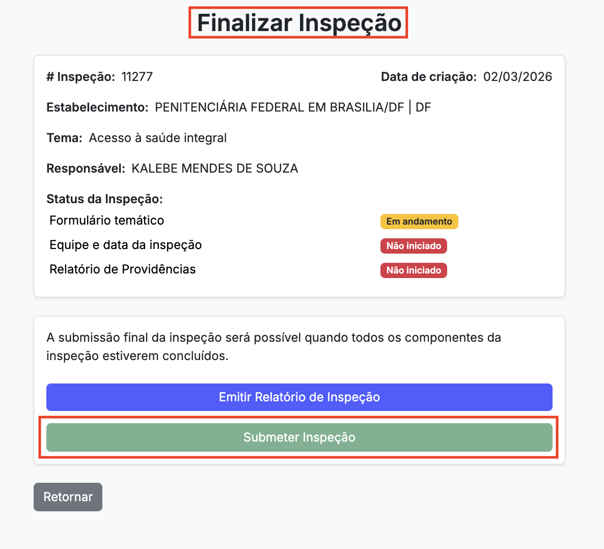 Painel lateral com status das seções