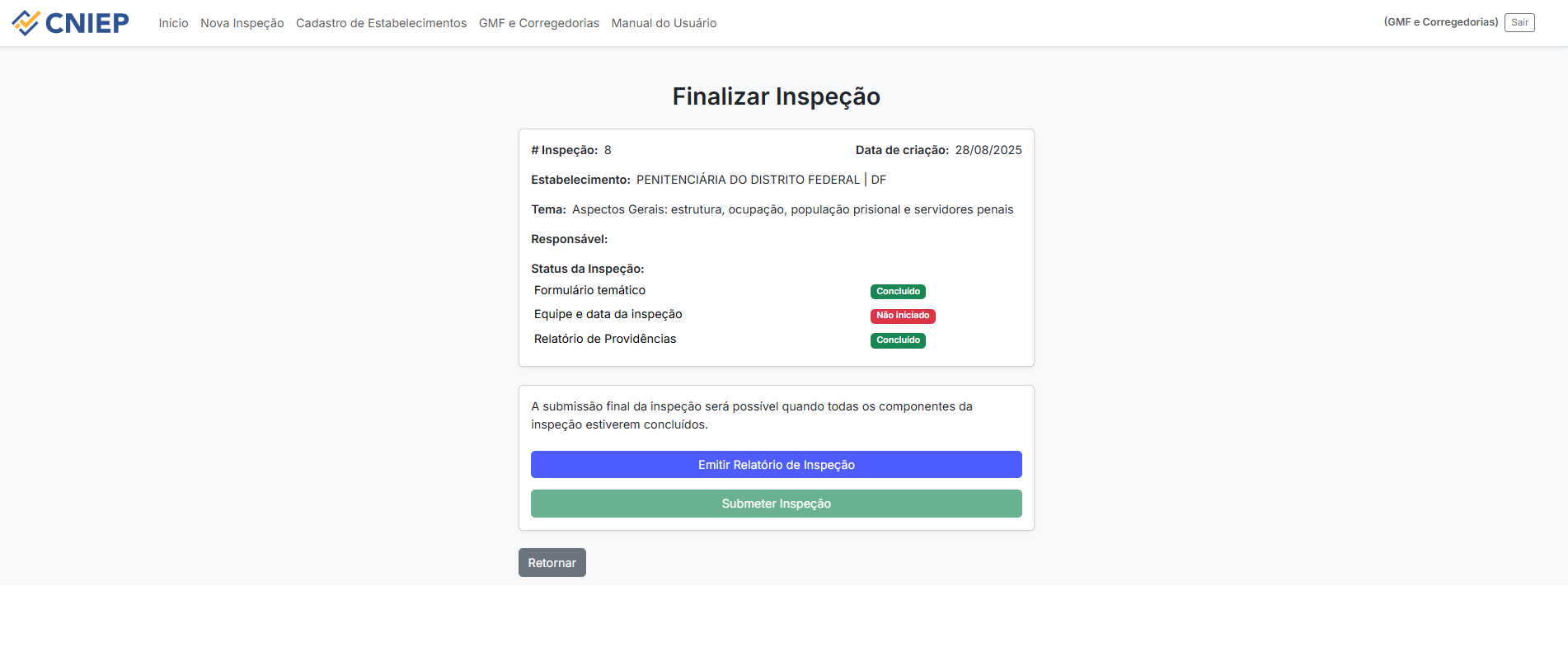 Painel lateral com status das seções