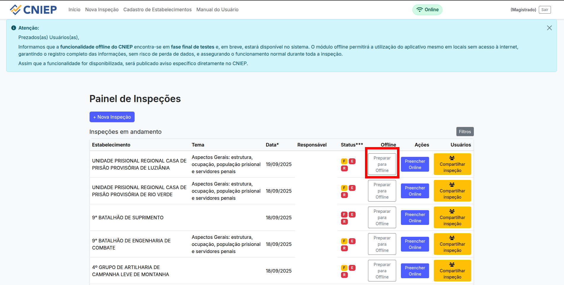 Painel – botão “Preparar para Offline”