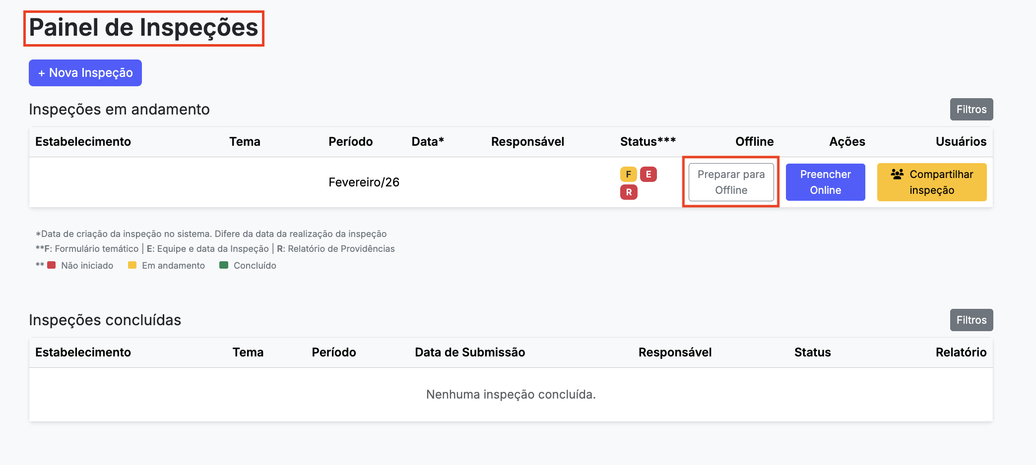 Painel – botão “Preparar para Offline”