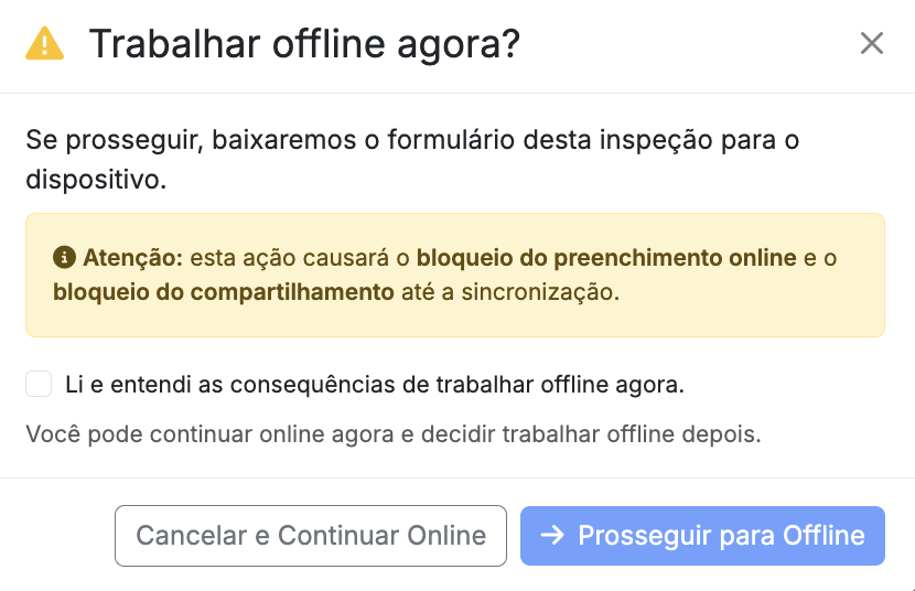 Confirmação – trabalhar offline