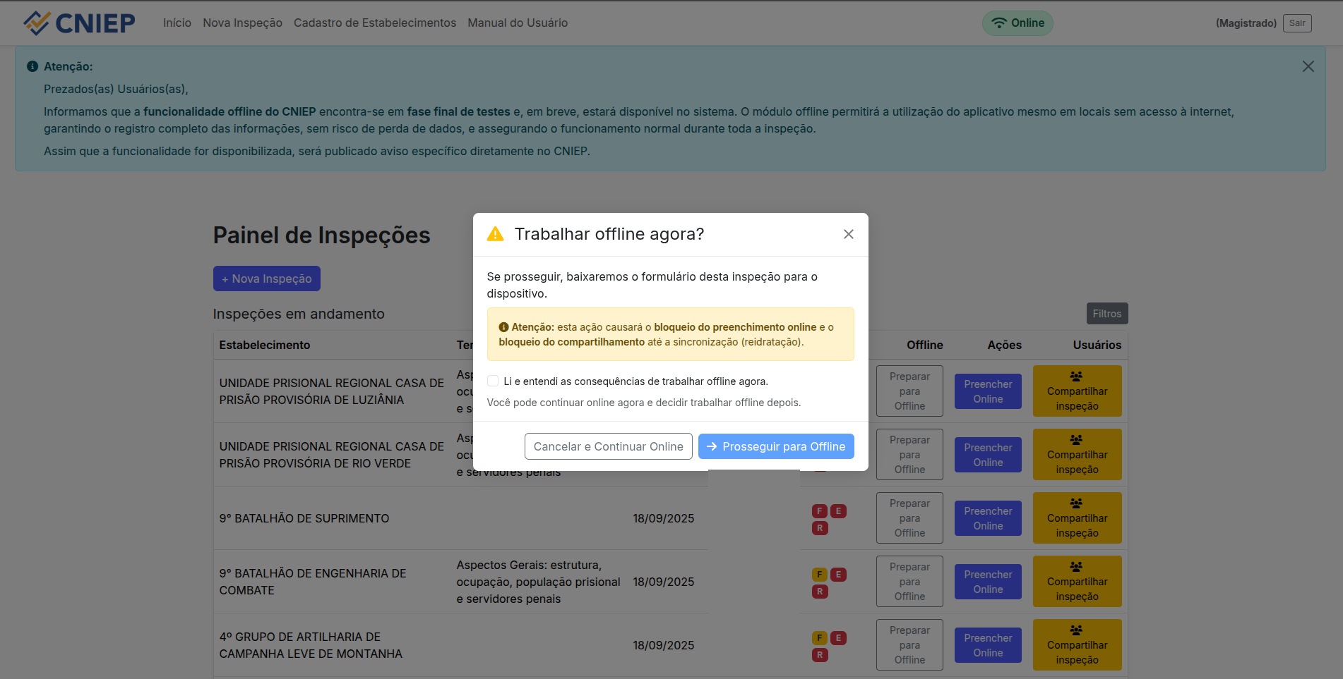 Confirmação – trabalhar offline
