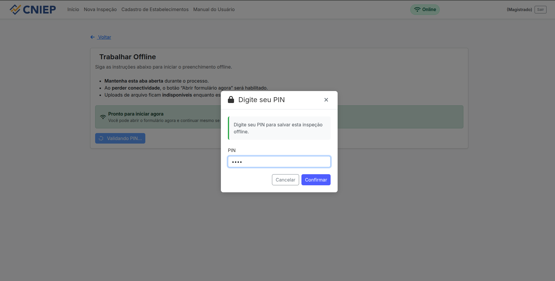 Tela Standby – Trabalhar Offline
