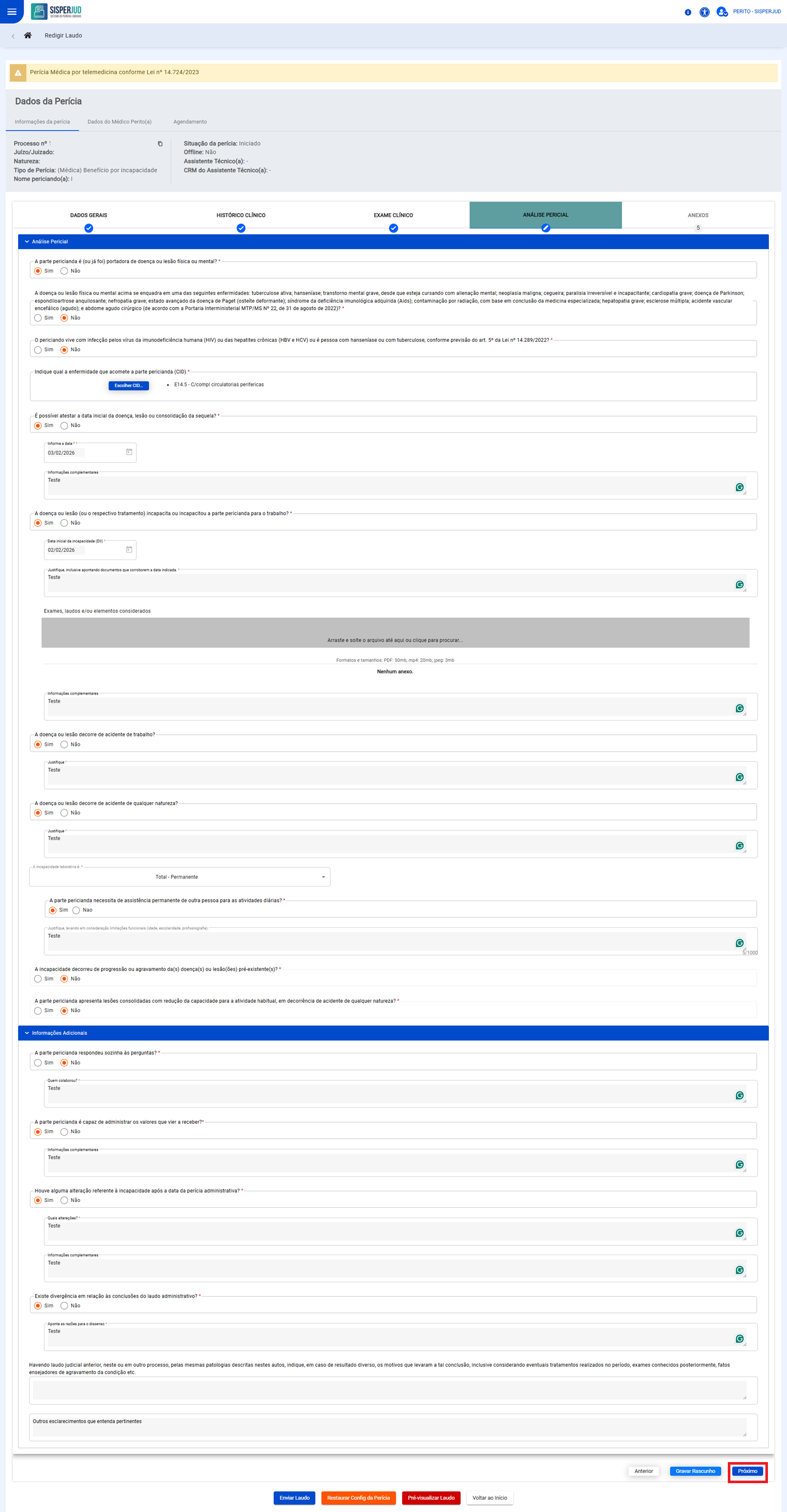 Botão próximo habilitado