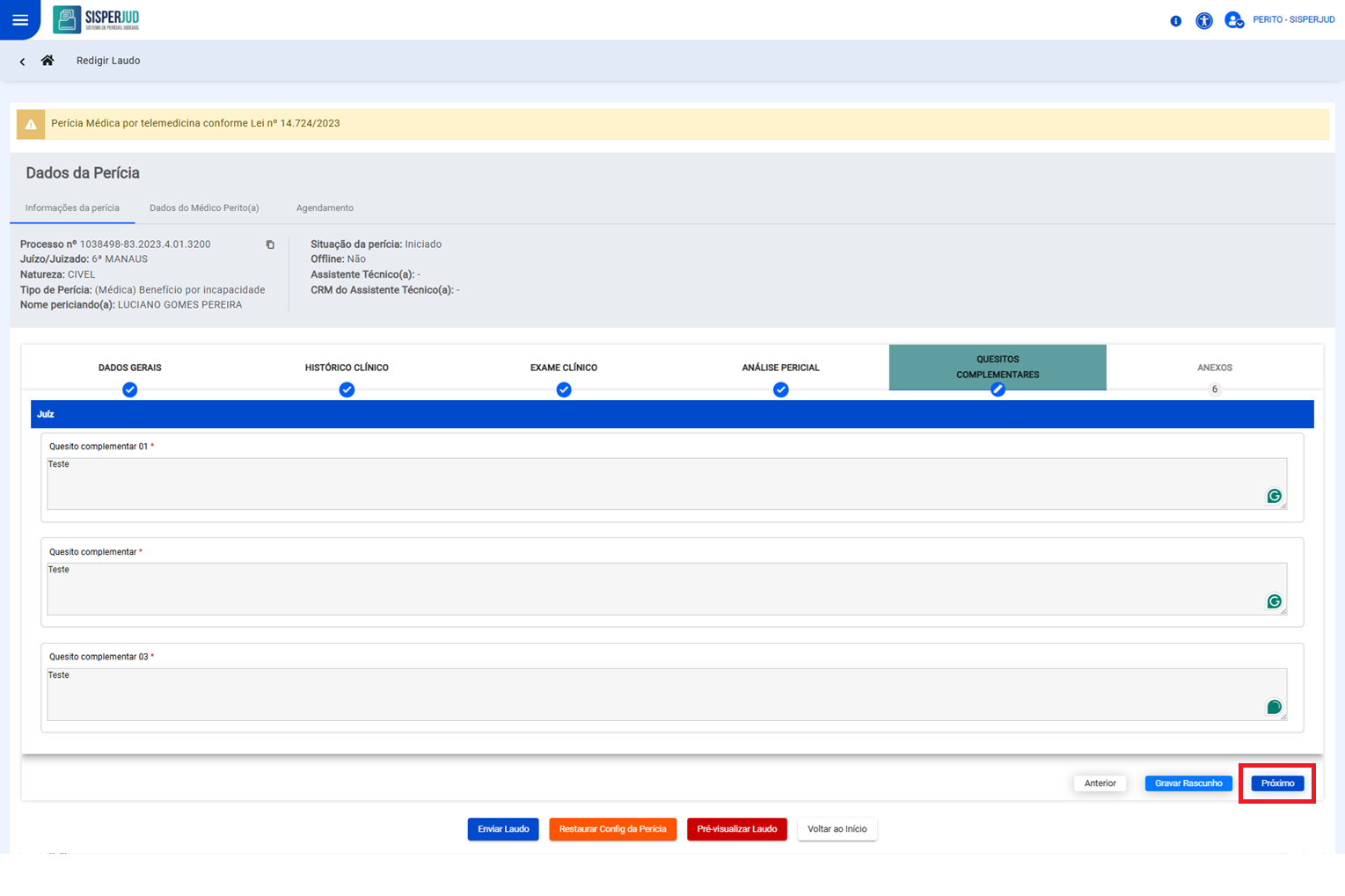 Botão próximo habilitado