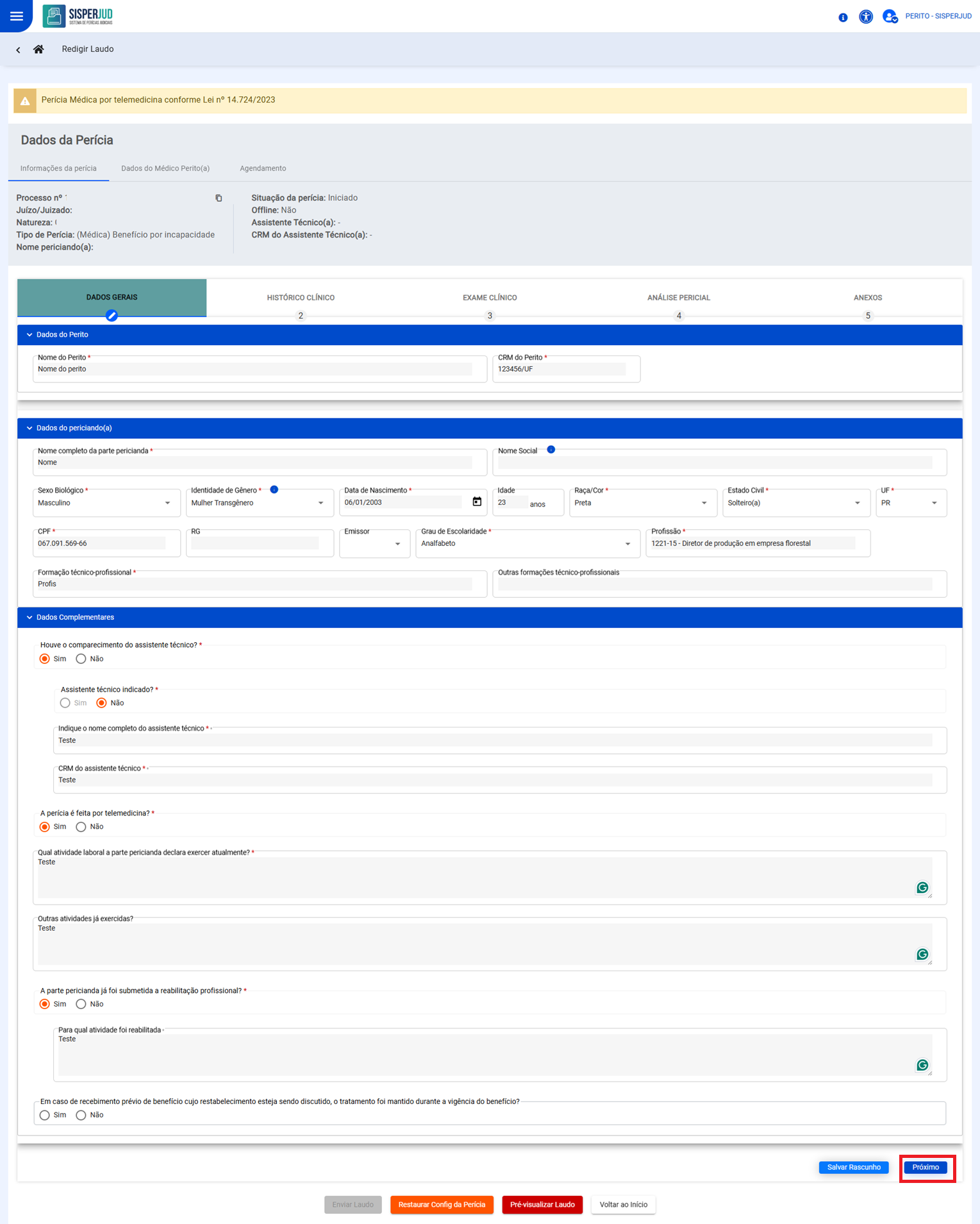 Botão próximo habilitado