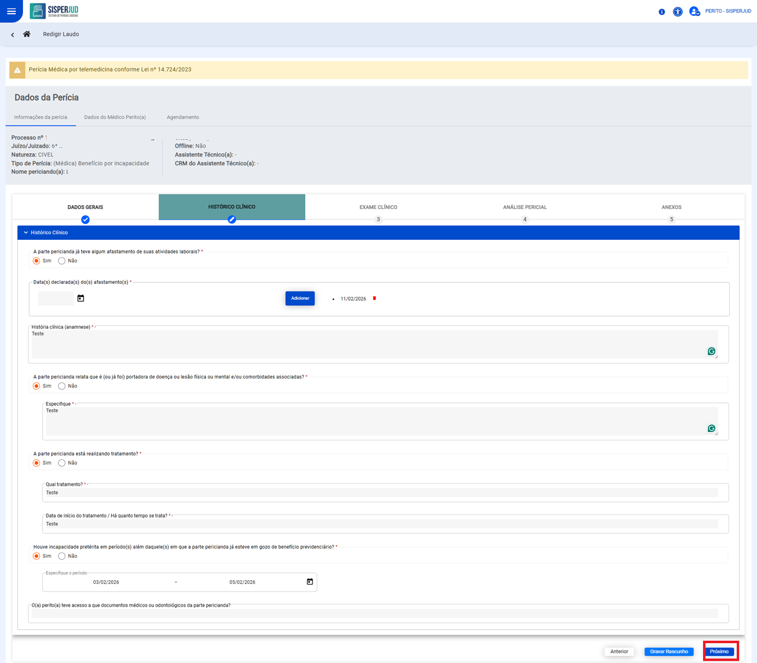 Botão próximo habilitado