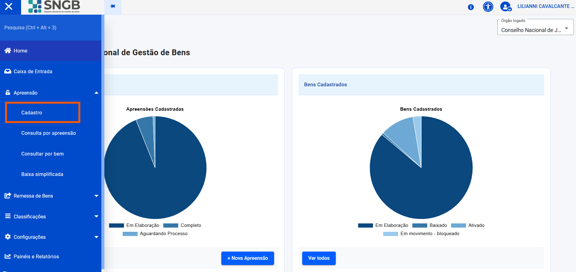 Tela de acesso ao Cadastro de Apreensão pelo menu principal.