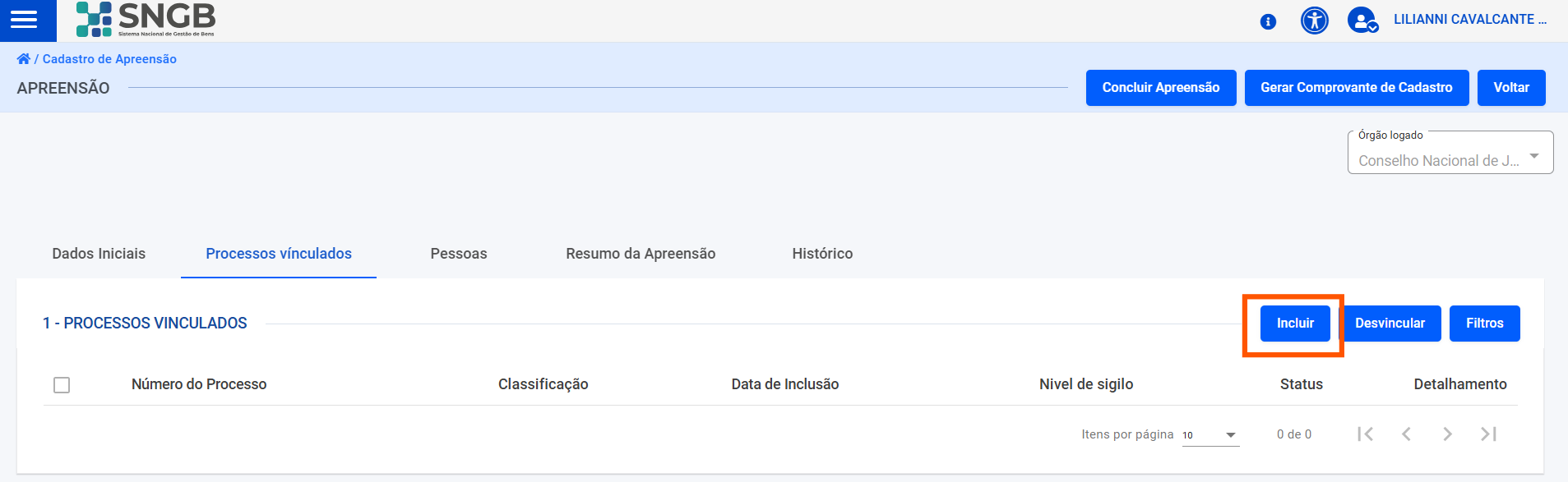Tela de listagem e vinculação de processos consultados.