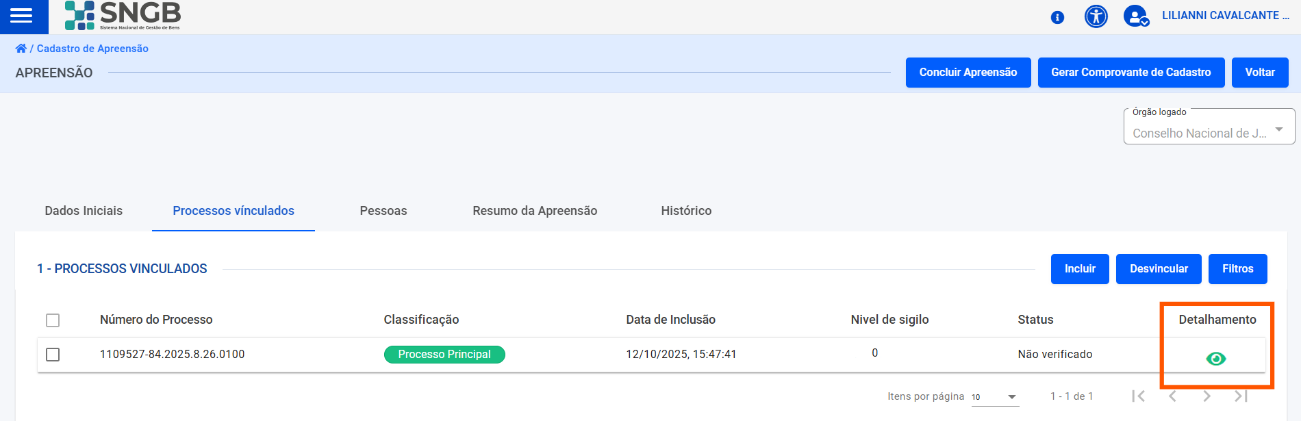 Tela para acessar Detalhamento