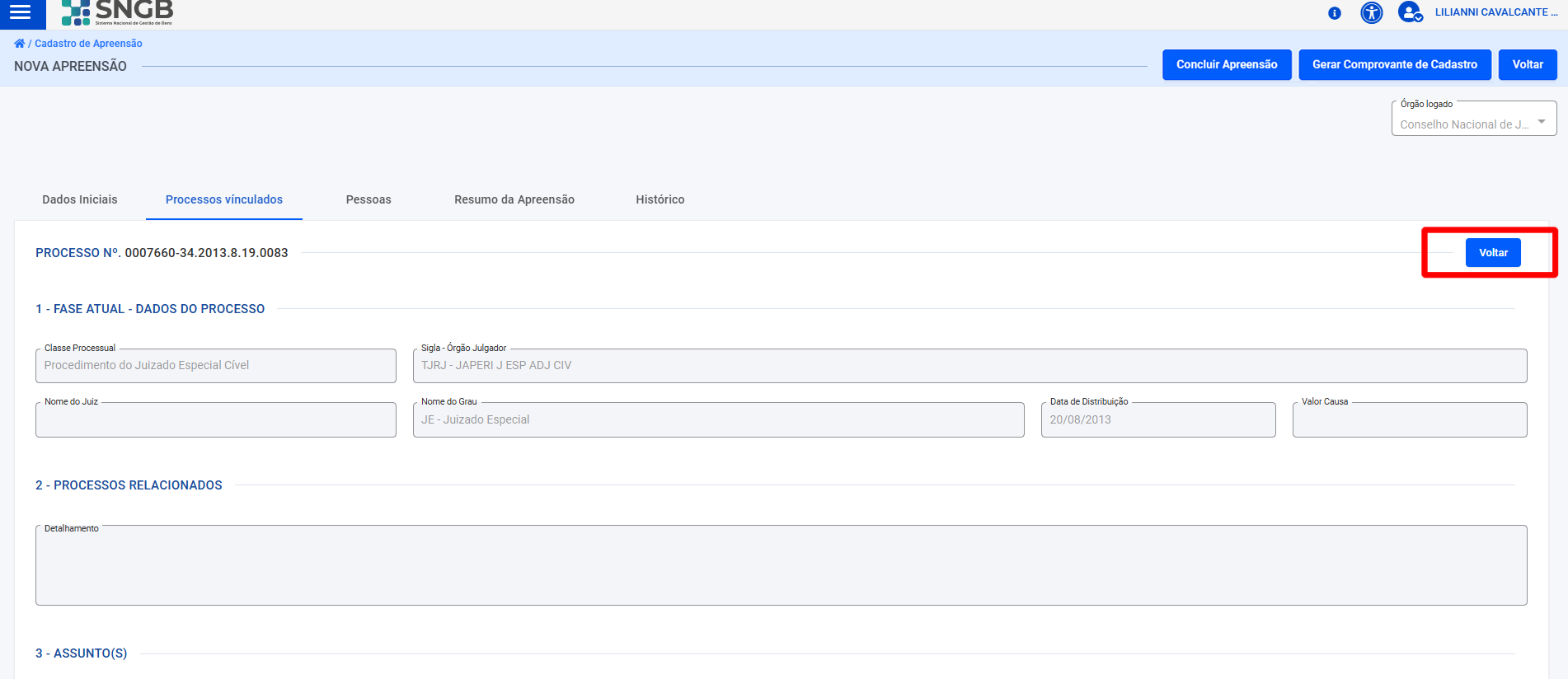Visualização de detalhamento de processo da plataforma.
