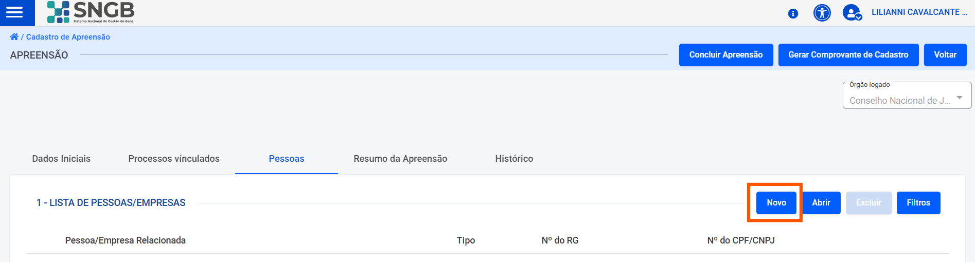 Tela de listagem de pessoas relacionadas ao bem cadastrado na Apreensão.