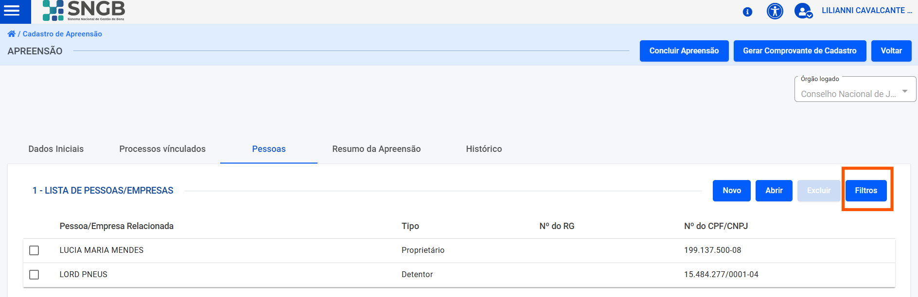 Tela de consulta de pessoas relacionadas ao bem por filtros.