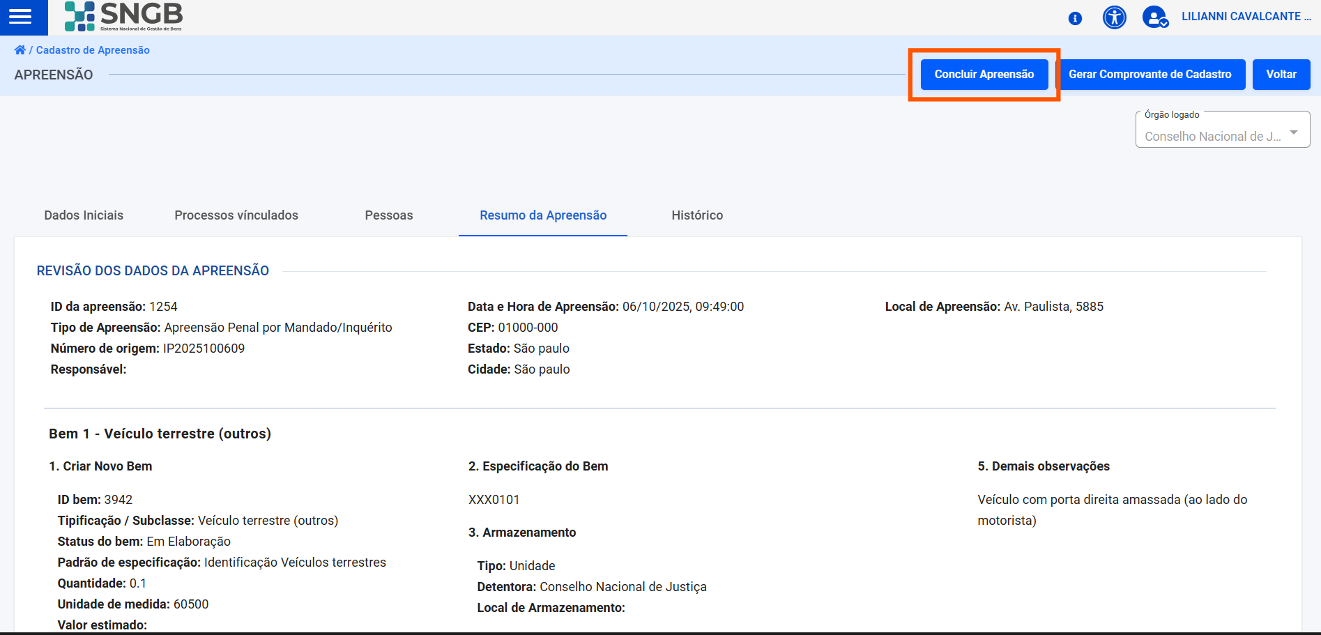 Tela de Resumo da Apreensão para Conclusão