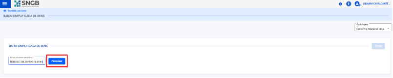 Tela de Informa Nº Processo para Baixa Simplificada