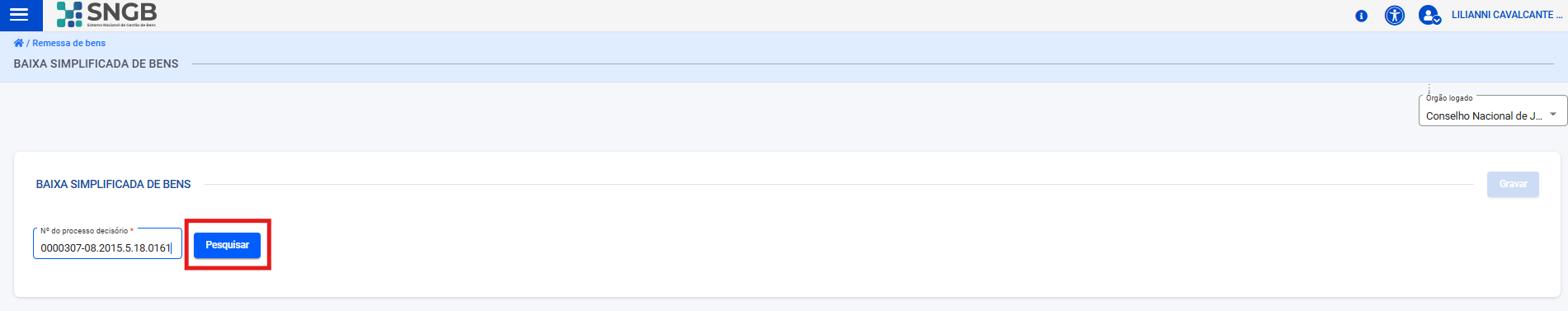 Tela de Informa Nº Processo para Baixa Simplificada