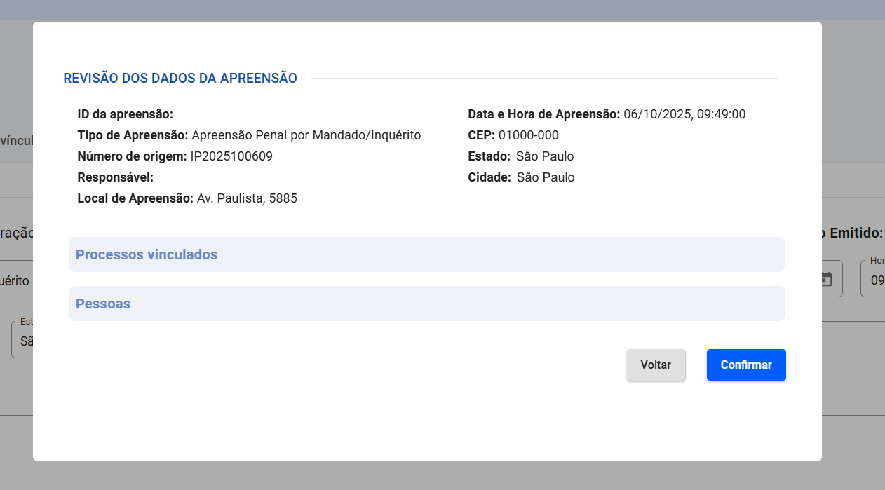 Tela Modal de confirmação de cadastro de Apreensão