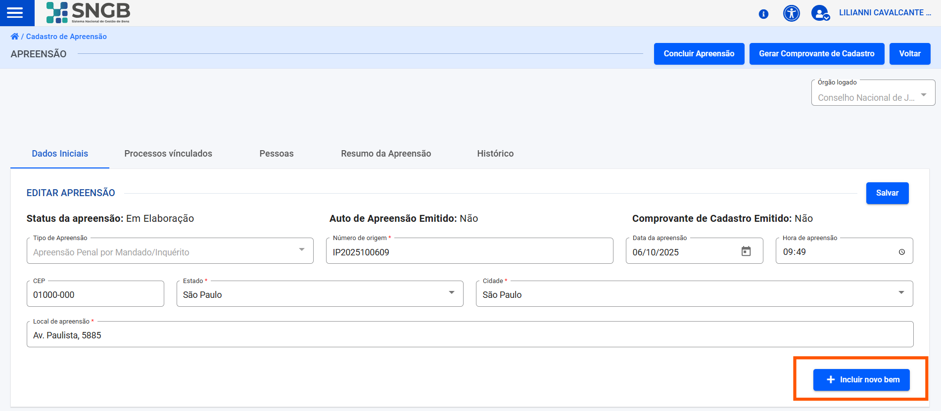 Modal de confirmação de cadastro de Apreensão