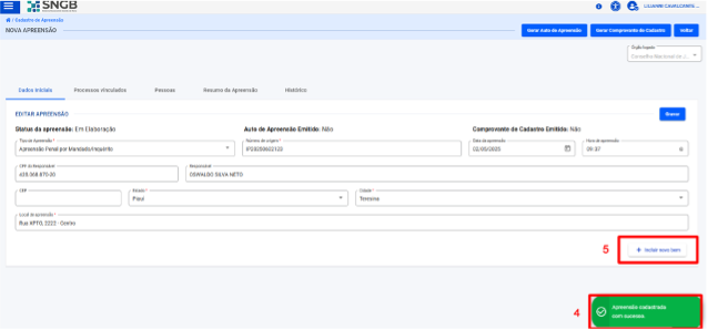 Modal de confirmação de cadastro de Apreensão