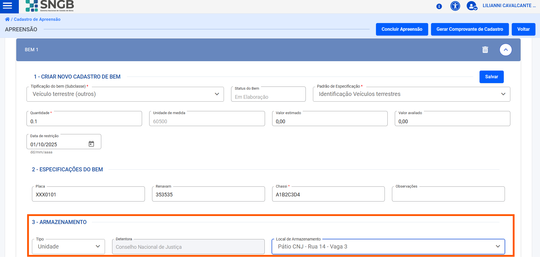 Tela de cadastro de campos do bem, de especificação e localização do bem.