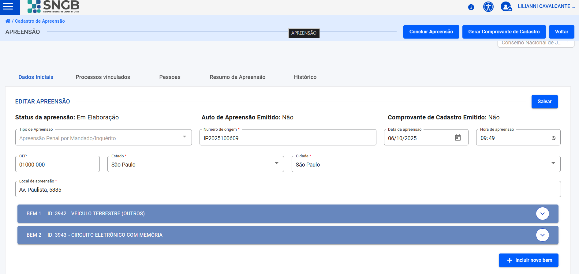Tela de Apreensão e múltiplos bens.