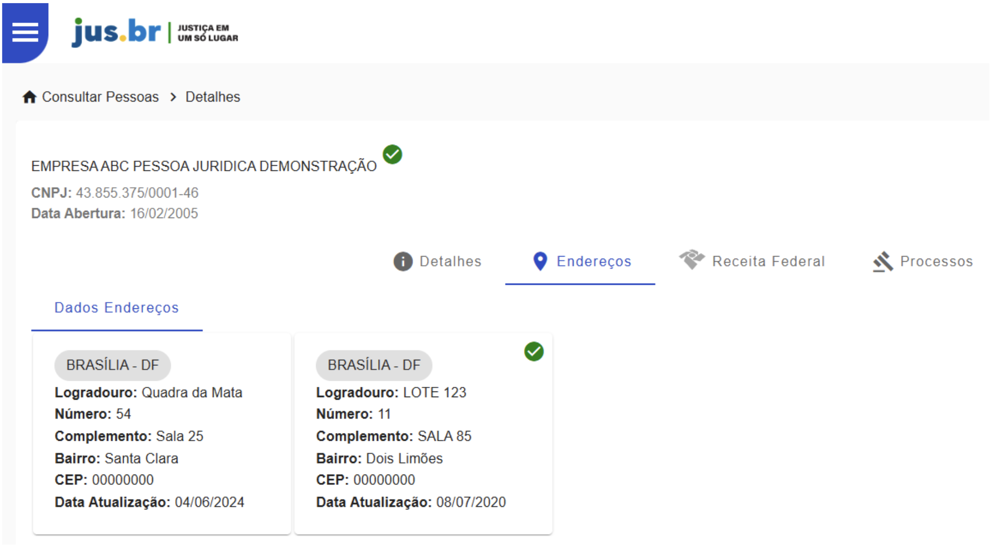 Figura 25 - Aba de Endereços exibindo dados de Pessoa Jurídica