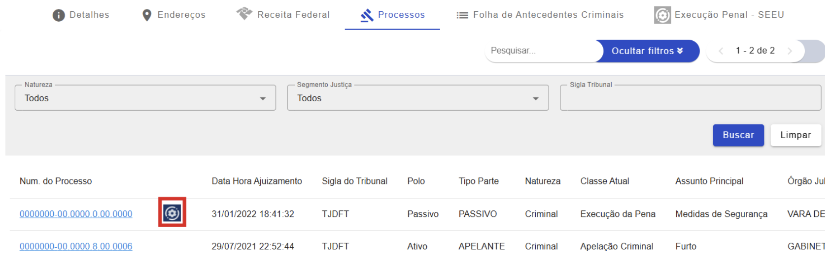 Figura 30 - Consulta da aba de processos  mostrando um processo  de execução penal