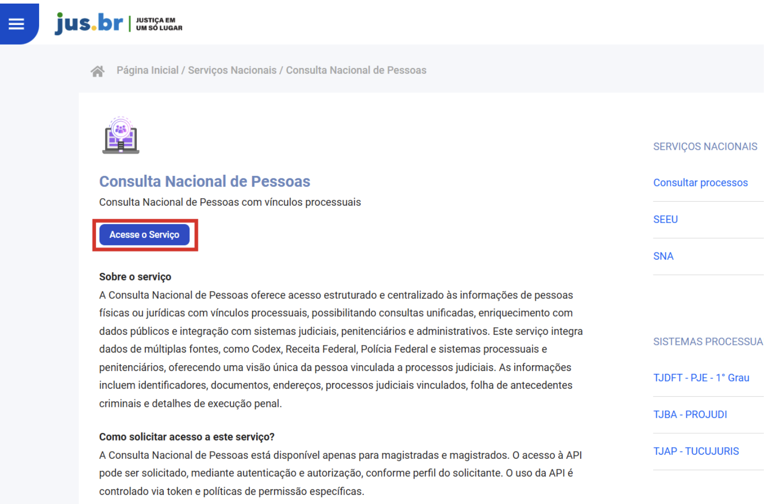 Figura 5 - Tela do Portal Jus.br descrevendo a Consulta Nacional de Pessoas 