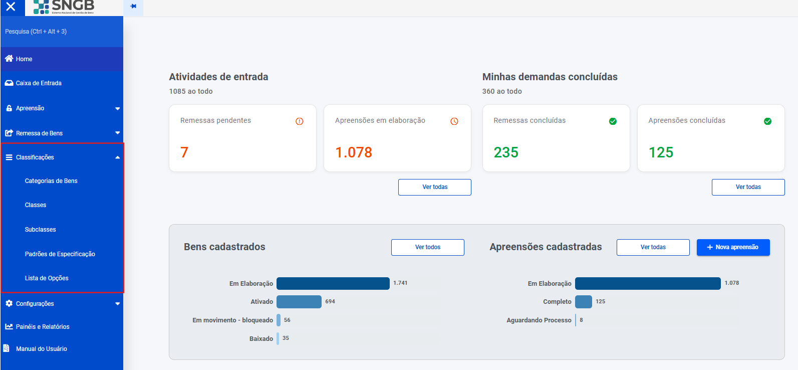 Menu de classificações