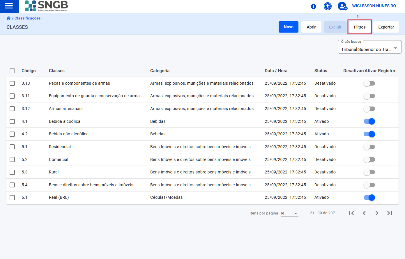 Figura 10 – Tela de filtros para consulta de classes em sistema.