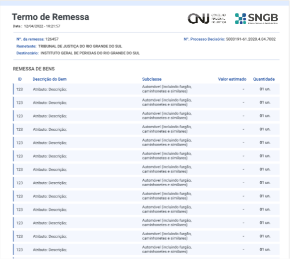 Figura 101 – Modelo de documento de Termo de Remessa.