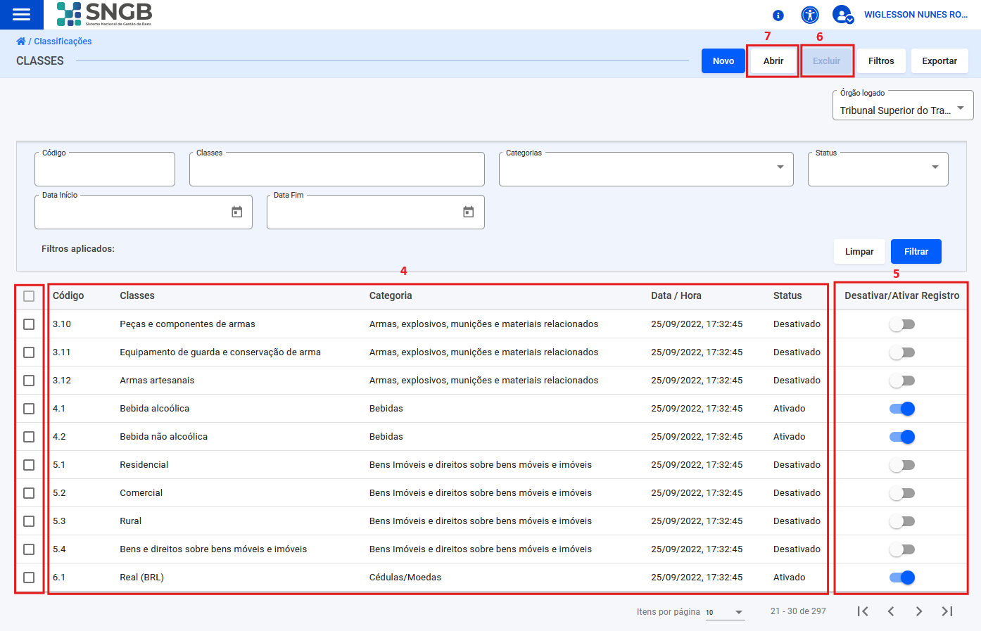 Figura 12 – Tela de listagem de classes consultadas por filtro.