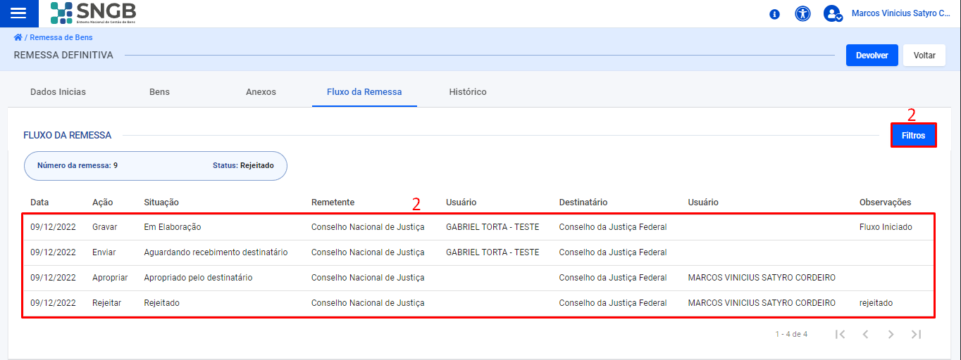 Figura 122 – Tela de registro de fluxos de remessas.  