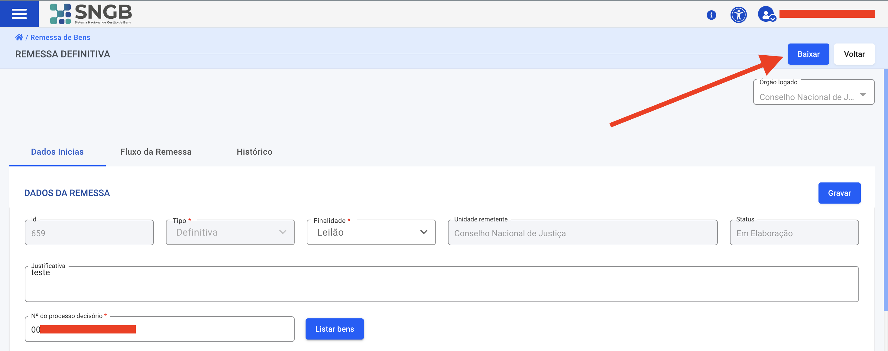 Botão Baixar na tela da Remessa Definitiva