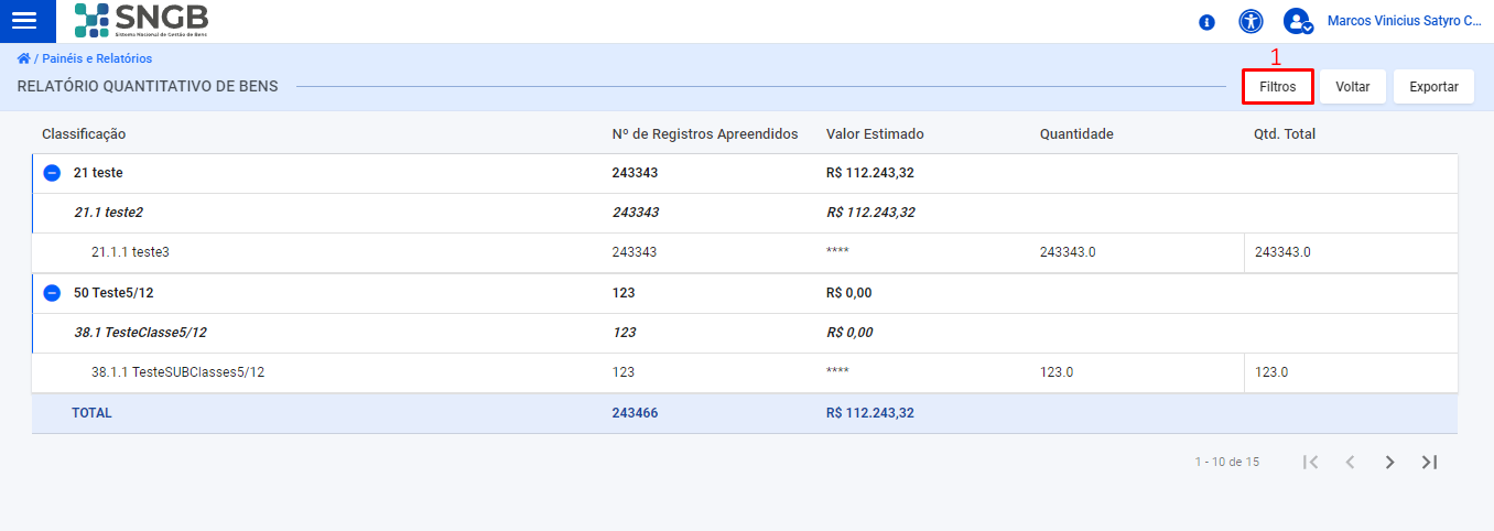 Figura 141 – Tela de filtro do relatório quantitativo de bens. 