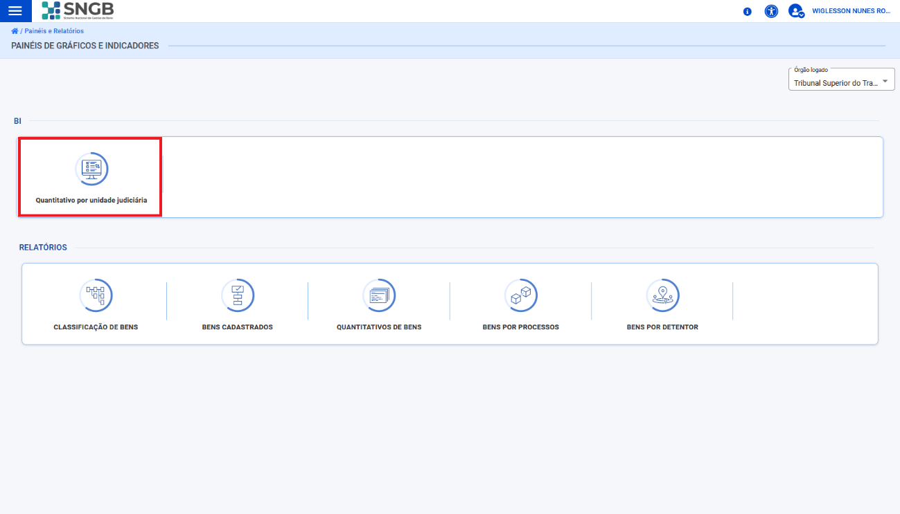 Figura 156 – Tela contendo ícone de acesso ao painel quantitativo por unidade jurídica.  Para acesso as funcionalidades do painel de bens visão número de registros e quantitativos o usuário deverá seguir os seguintes passos: